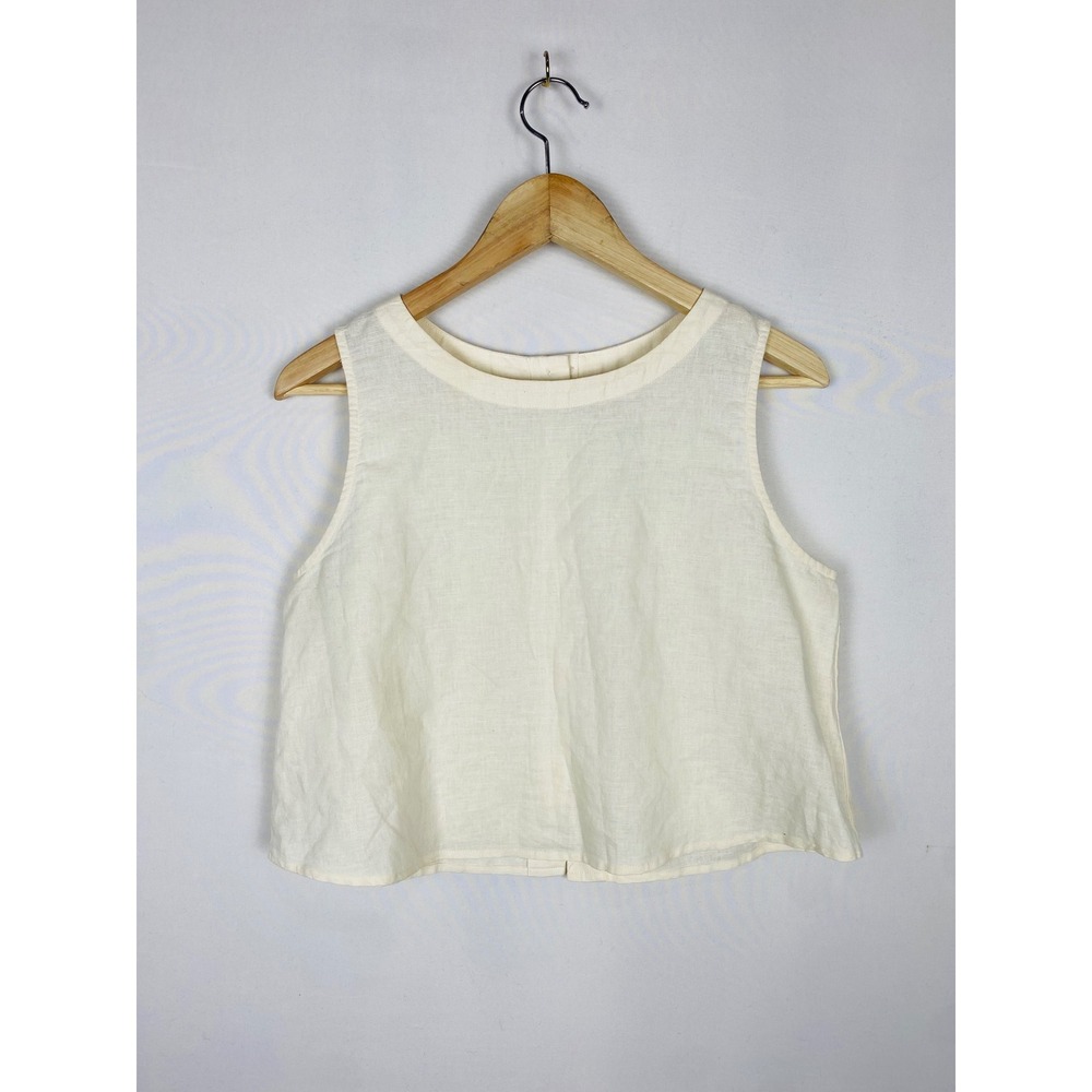 Grae Cove Cream Linen Cotton Blend Sleeveless Button Back Crop Top Tank Womens